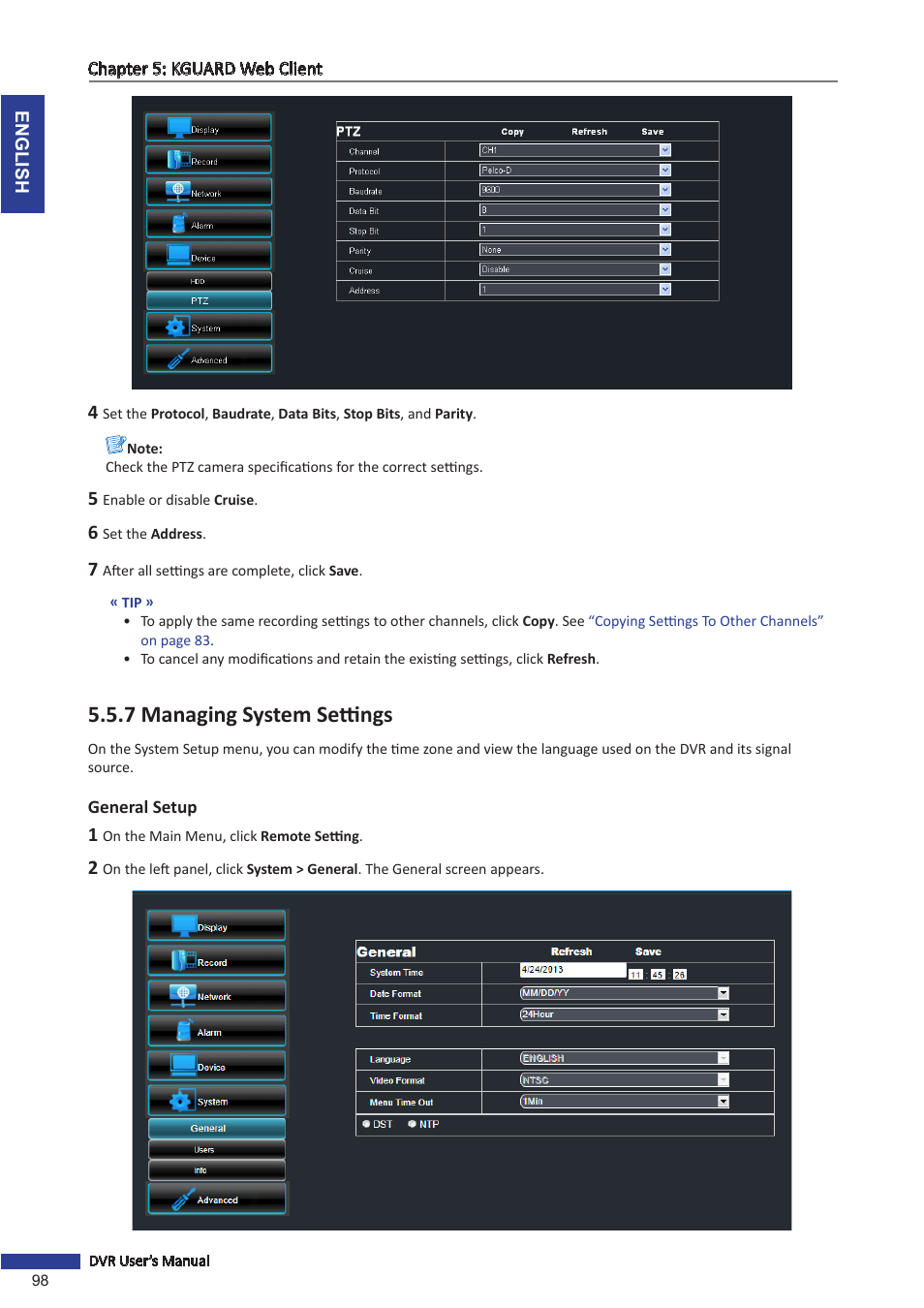 7 managing system settings, General setup | KGUARD Security BR1621 User Manual | Page 98 / 116