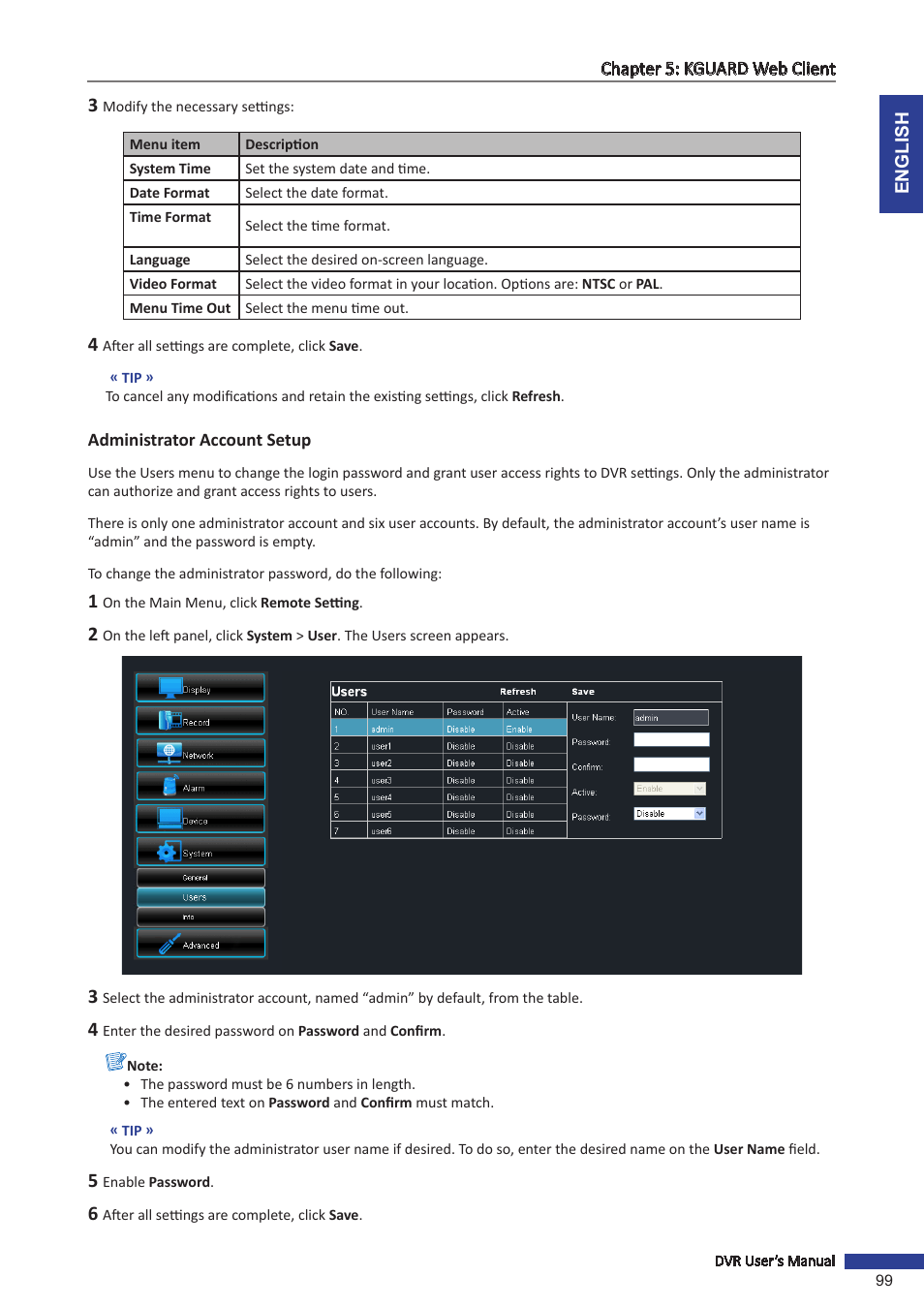 Administrator account setup | KGUARD Security BR1621 User Manual | Page 99 / 116
