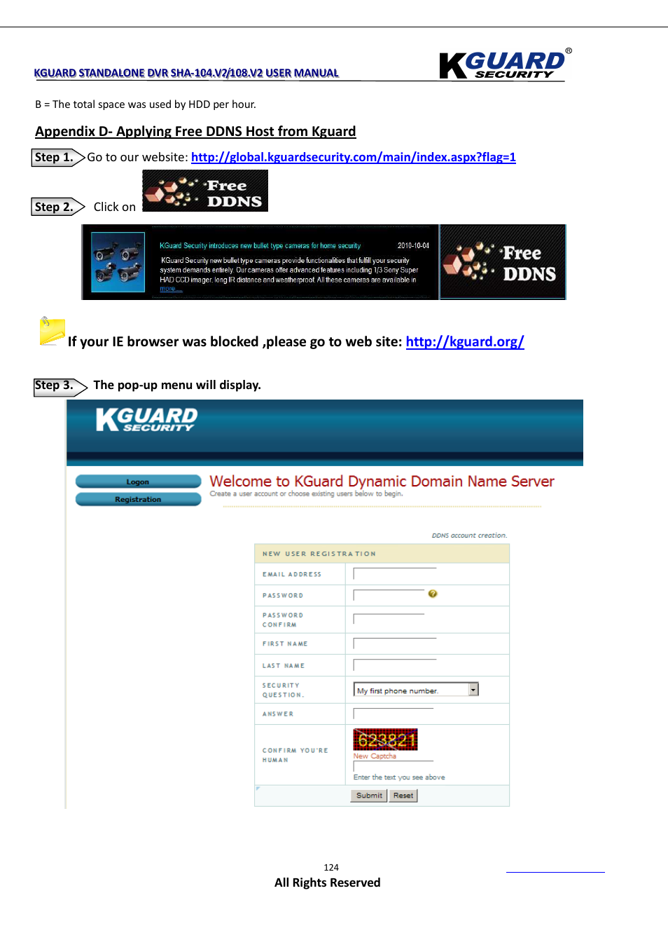 Appendix d- applying free ddns host from kguard | KGUARD Security SHA108.V2 User Manual | Page 128 / 147