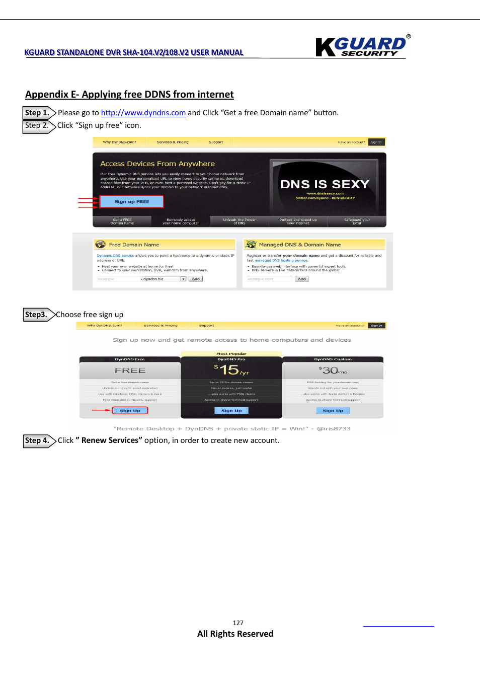 Appendix e- applying free ddns from internet | KGUARD Security SHA108.V2 User Manual | Page 131 / 147