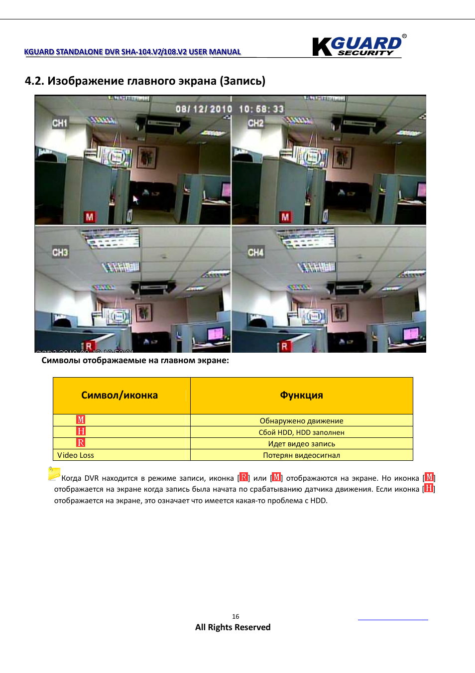Изображение главного экрана (запись), Символ/иконка функция | KGUARD Security SHA108.V2 User Manual | Page 20 / 147