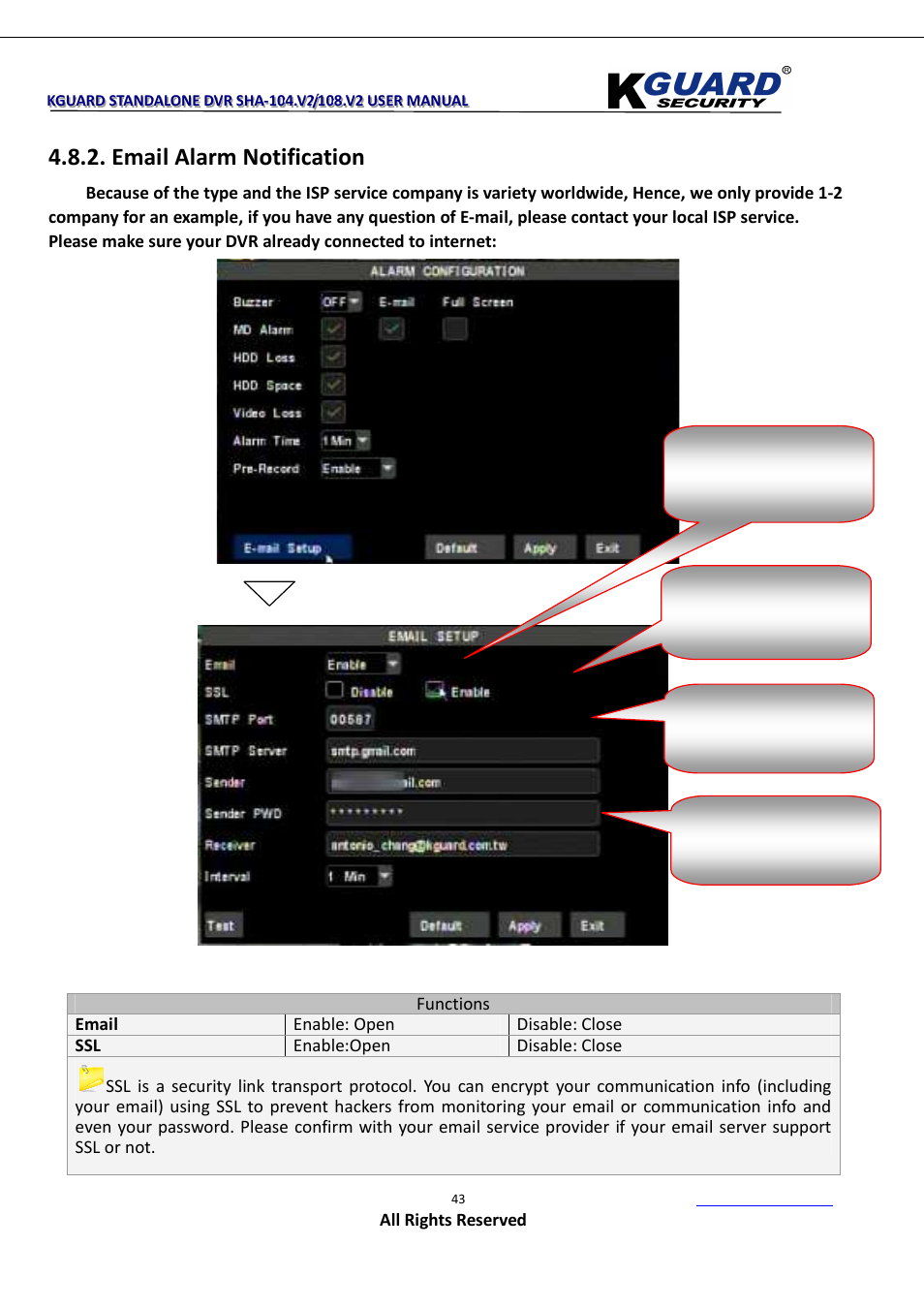 Email alarm notification | KGUARD Security SHA108.V2 User Manual | Page 47 / 147