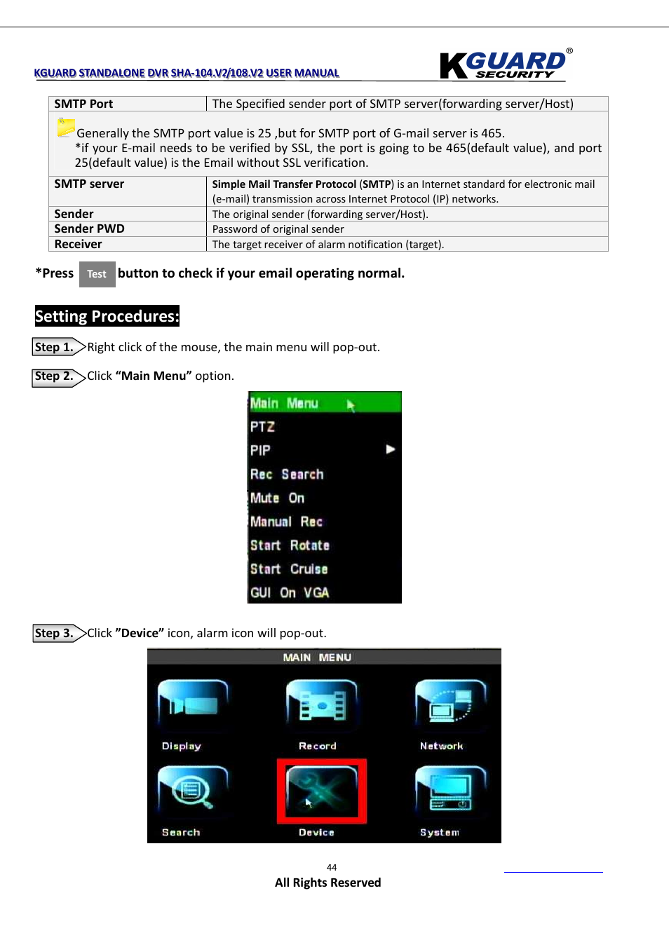 Setting procedures | KGUARD Security SHA108.V2 User Manual | Page 48 / 147