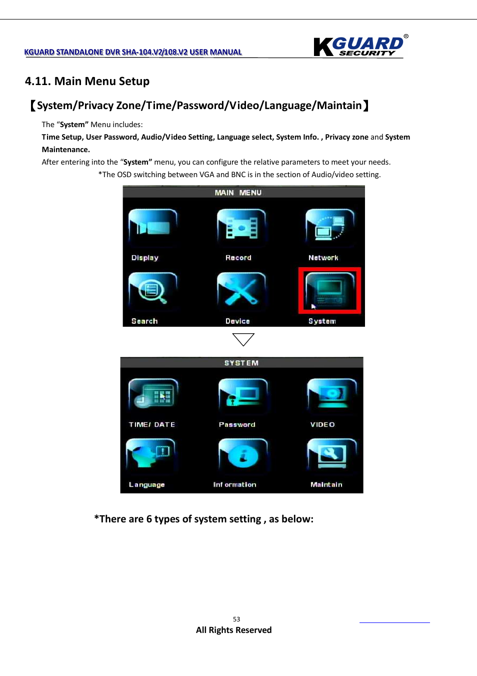 Main menu setup, There are 6 types of system setting , as below | KGUARD Security SHA108.V2 User Manual | Page 57 / 147