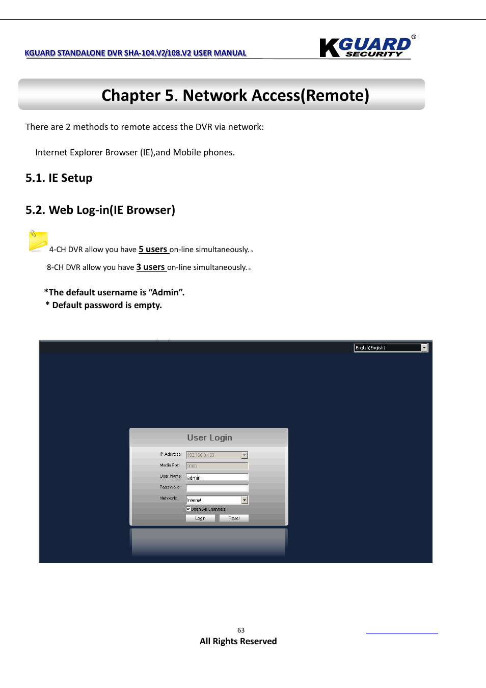 Chapter 5 . network access(remote), Ie setup 5.2. web log-in(ie browser) | KGUARD Security SHA108.V2 User Manual | Page 67 / 147