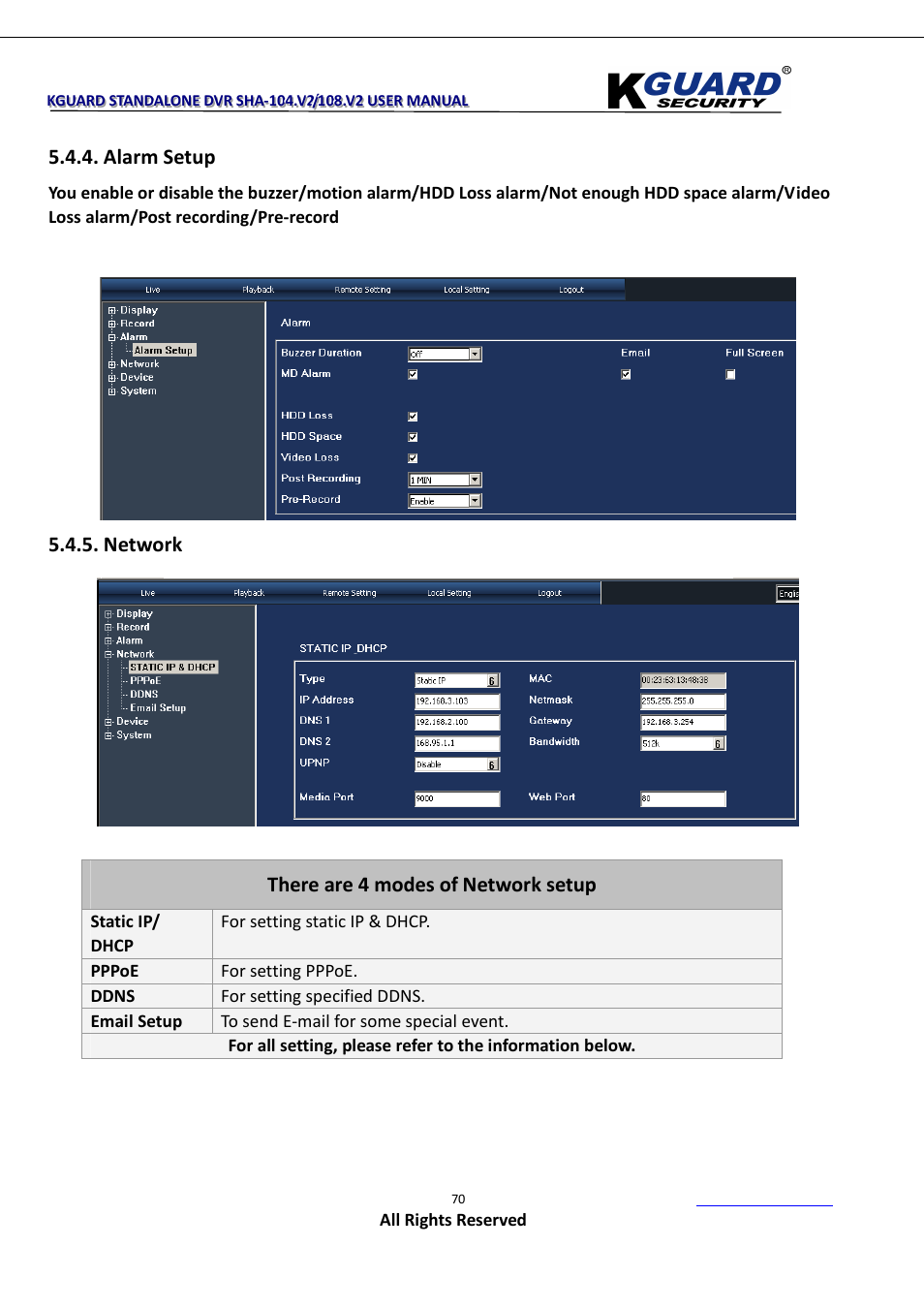 Alarm setup, Network, There are 4 modes of network setup | KGUARD Security SHA108.V2 User Manual | Page 74 / 147