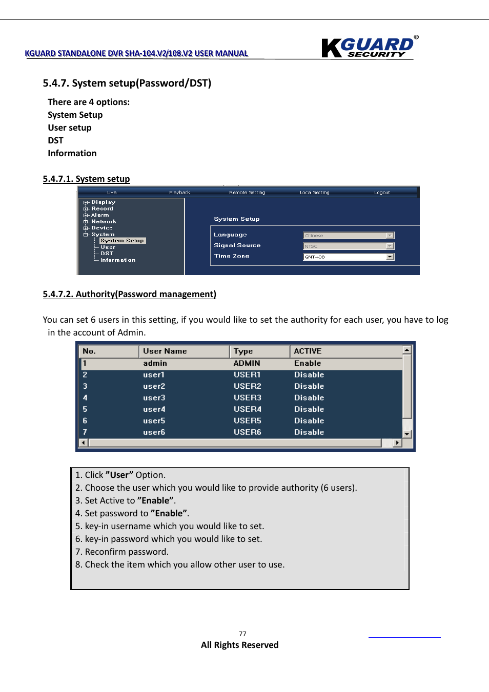 System setup(password/dst) | KGUARD Security SHA108.V2 User Manual | Page 81 / 147
