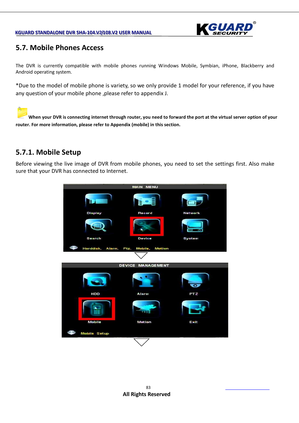 Mobile phones access, Mobile setup | KGUARD Security SHA108.V2 User Manual | Page 87 / 147