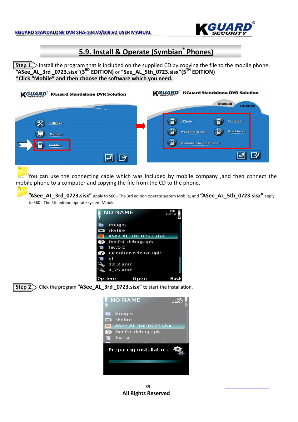 Install & operate (symbian, Phones) | KGUARD Security SHA108.V2 User Manual | Page 93 / 147