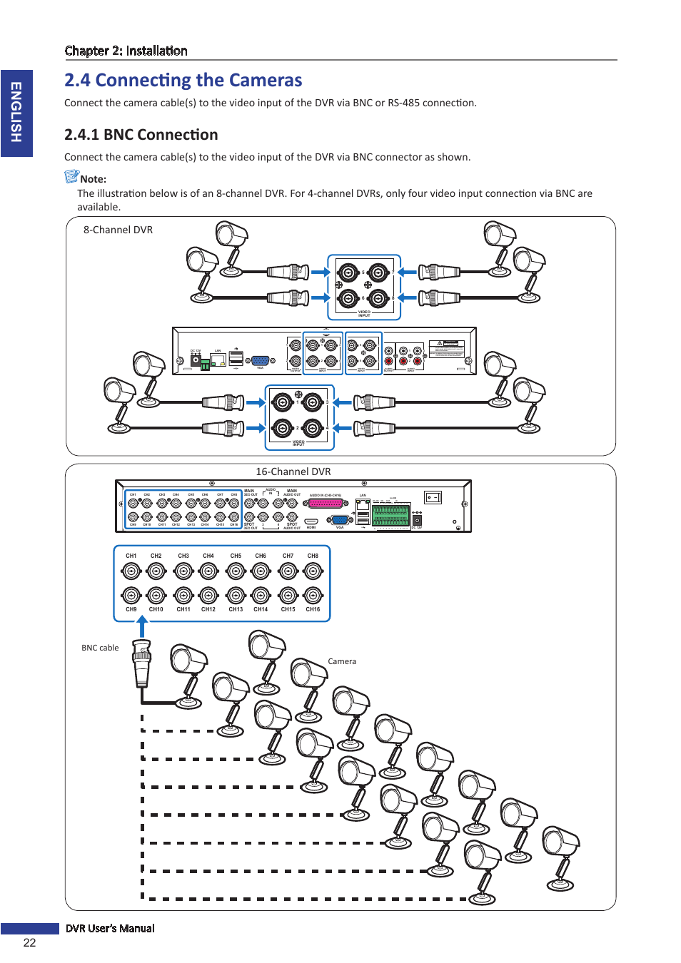 4 connecting the cameras, 1 bnc connection, English chapter 2: installation | 22 dvr user’s manual, Channel dvr, Bnc cable camera | KGUARD Security SHA116.V2 User Manual | Page 22 / 99