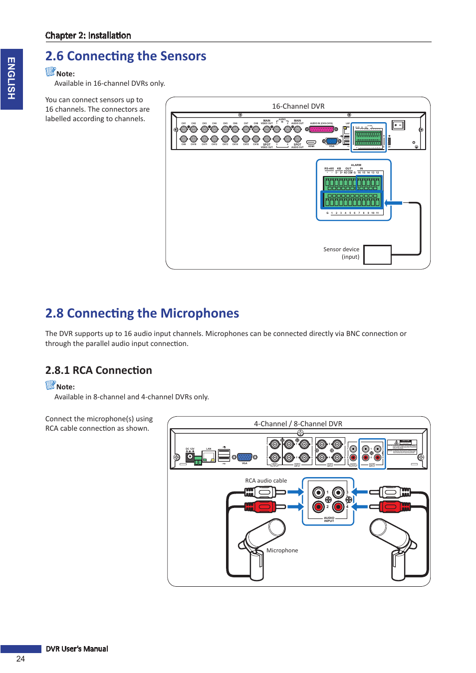 6 connecting the sensors, 8 connecting the microphones, 1 rca connection | English chapter 2: installation, 24 dvr user’s manual, Channel dvr, Sensor device (input), Microphone, Rca audio cable | KGUARD Security SHA116.V2 User Manual | Page 24 / 99
