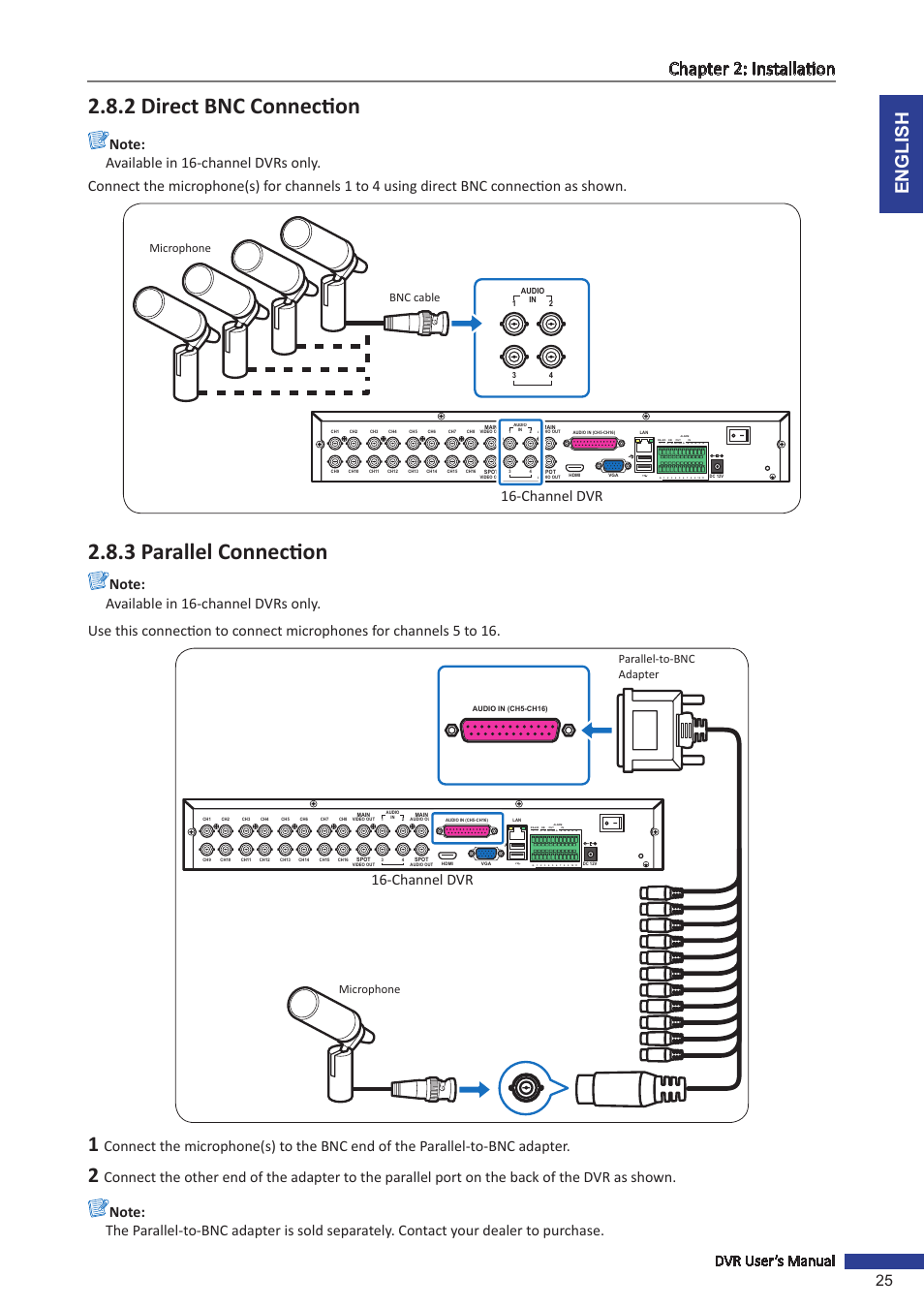 2 direct bnc connection, 3 parallel connection, 2 direct bnc connection 2.8.3 parallel connection | English chapter 2: installation, Dvr user’s manual 25, Channel dvr, Microphone, Bnc cable, Microphone parallel-to-bnc adapter | KGUARD Security SHA116.V2 User Manual | Page 25 / 99