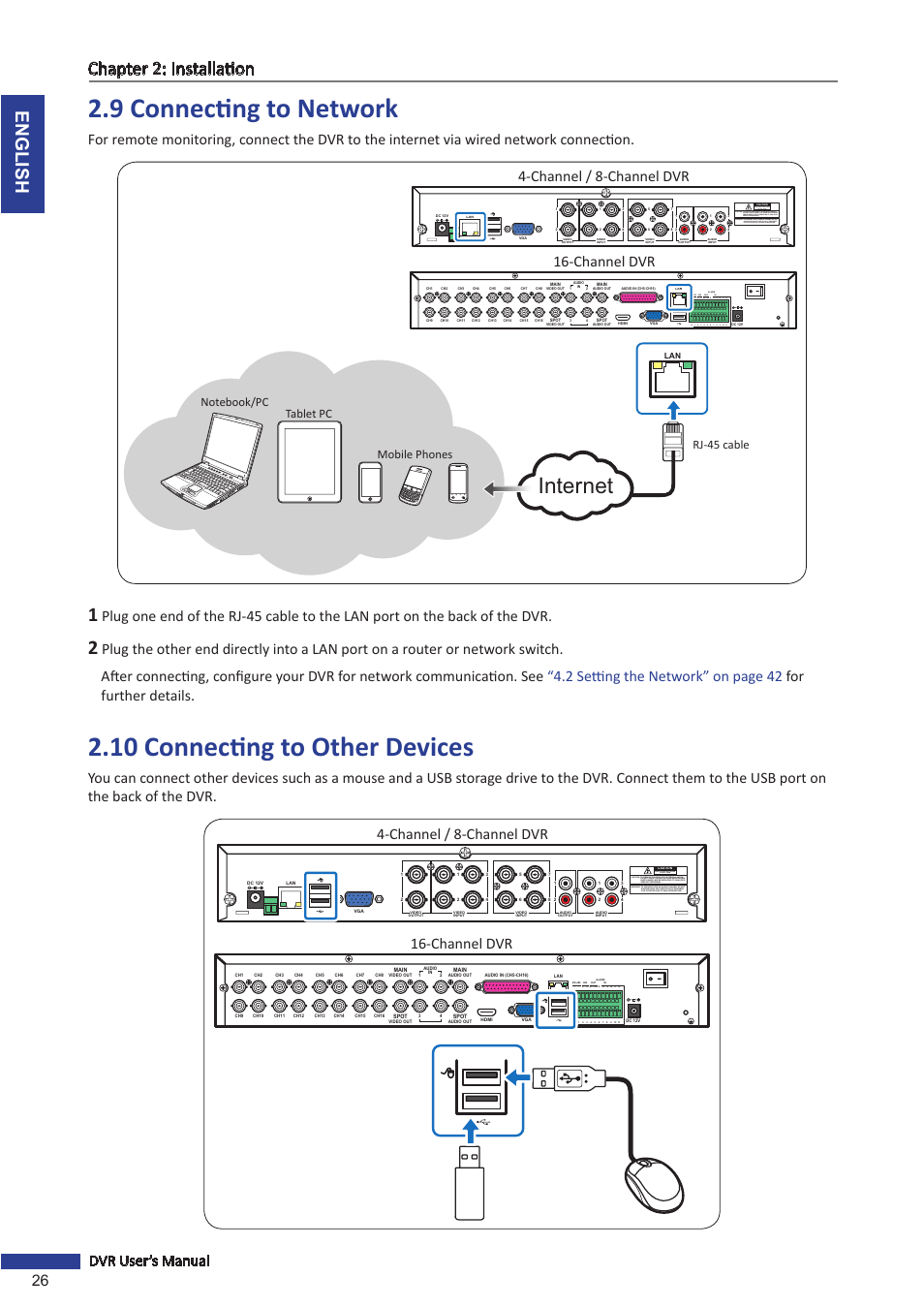 9 connecting to network, 10 connecting to other devices, Internet | English chapter 2: installation, 26 dvr user’s manual, Channel dvr 4-channel / 8-channel dvr, Channel / 8-channel dvr 16-channel dvr | KGUARD Security SHA116.V2 User Manual | Page 26 / 99