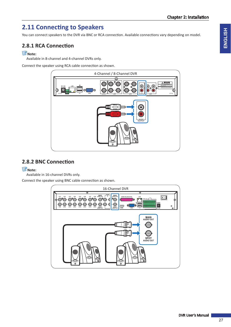 11 connecting to speakers, 1 rca connection, 2 bnc connection | 1 rca connection 2.8.2 bnc connection, English chapter 2: installation, Dvr user’s manual 27, Channel / 8-channel dvr, Channel dvr | KGUARD Security SHA116.V2 User Manual | Page 27 / 99