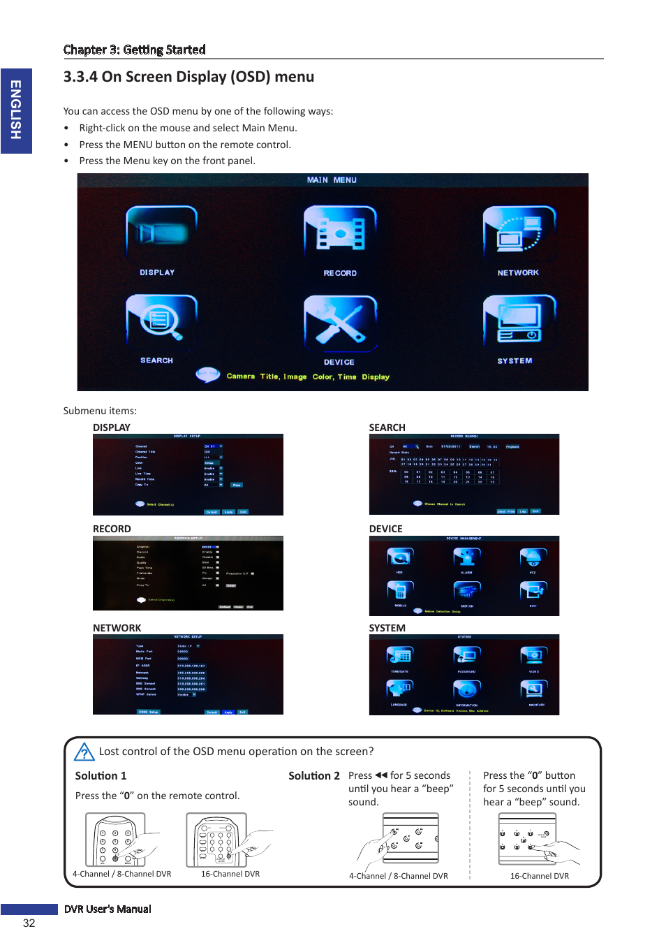 4 on screen display (osd) menu, English chapter 3: getting started, Solution 1 | 32 dvr user’s manual, Channel / 8-channel dvr, Channel dvr 4-channel / 8-channel dvr, Channel dvr | KGUARD Security SHA116.V2 User Manual | Page 32 / 99