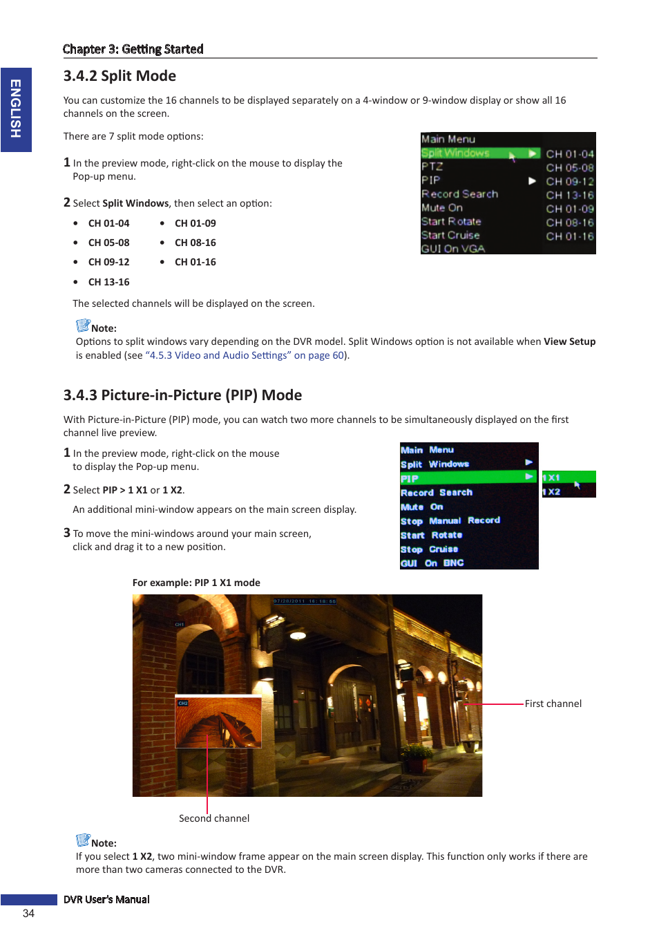 2 split mode, 3 picture-in-picture (pip) mode, 2 split mode 3.4.3 picture-in-picture (pip) mode | KGUARD Security SHA116.V2 User Manual | Page 34 / 99