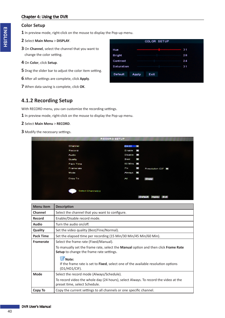 Color setup, 2 recording setup | KGUARD Security SHA116.V2 User Manual | Page 40 / 99