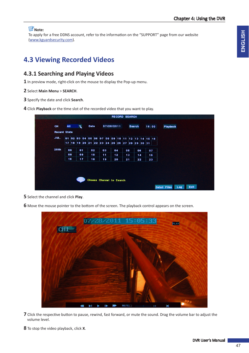 3 viewing recorded videos, 1 searching and playing videos, Y back. see | KGUARD Security SHA116.V2 User Manual | Page 47 / 99