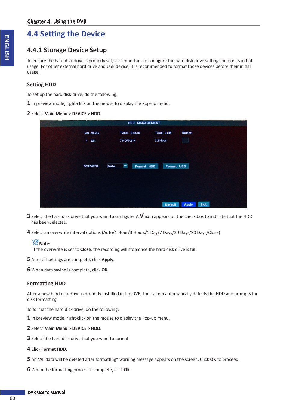 4 setting the device, 1 storage device setup, Setting hdd | Formatting hdd, Setting hdd formatting hdd | KGUARD Security SHA116.V2 User Manual | Page 50 / 99
