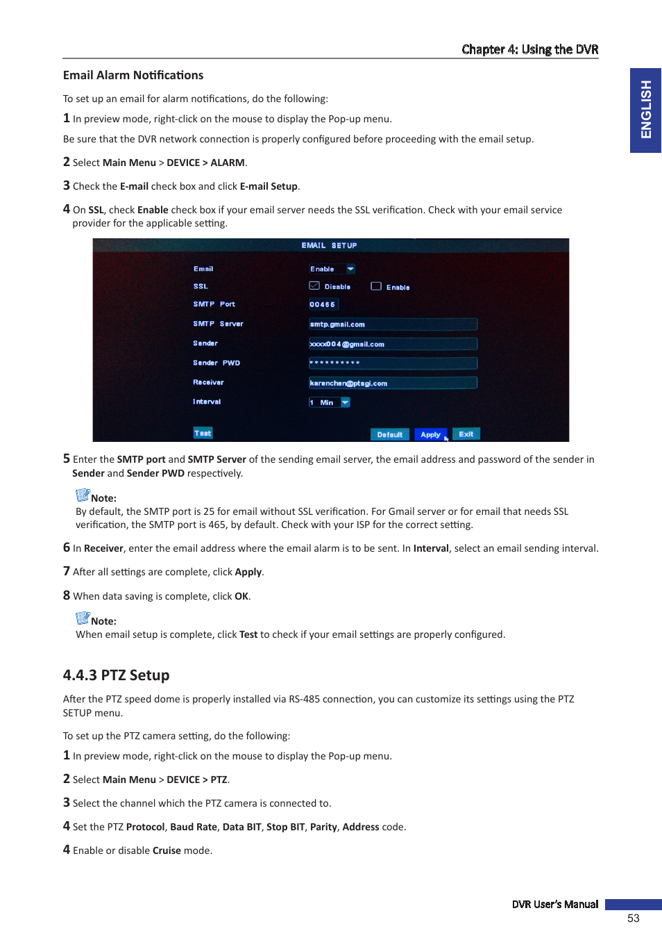 Email alarm notifications, 3 ptz setup, Ttings, see | Ess. see | KGUARD Security SHA116.V2 User Manual | Page 53 / 99