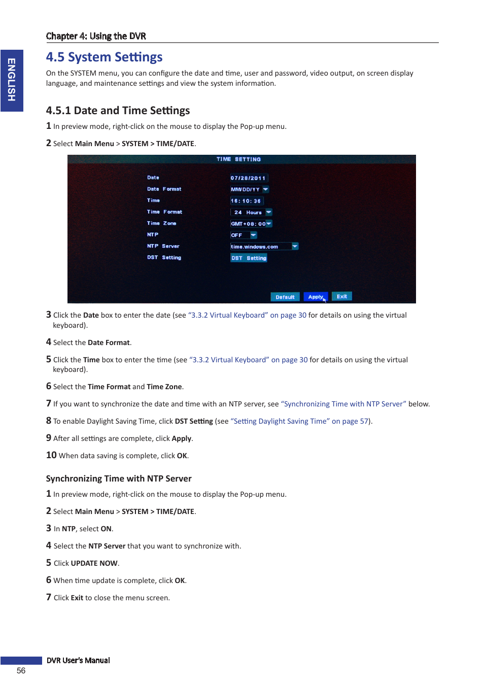 5 system settings, 1 date and time settings, Synchronizing time with ntp server | KGUARD Security SHA116.V2 User Manual | Page 56 / 99