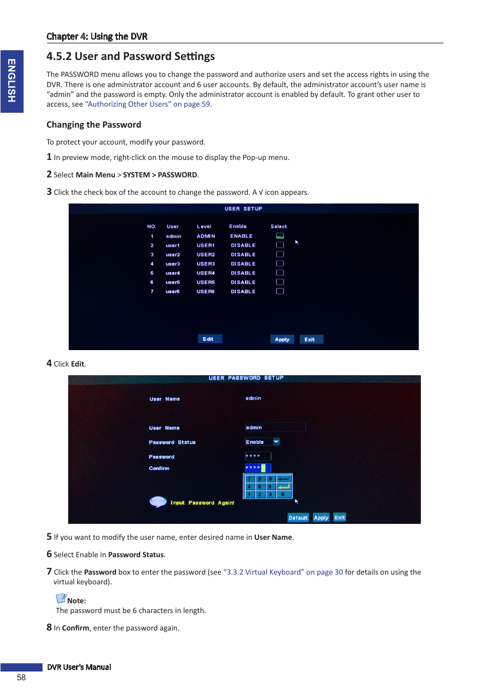 2 user and password settings, Changing the password | KGUARD Security SHA116.V2 User Manual | Page 58 / 99