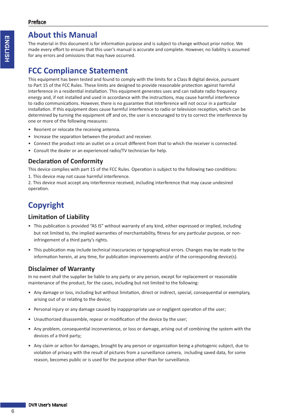 About this manual, Fcc compliance statement, Copyright | Declaration of conformity, Limitation of liability, Disclaimer of warranty | KGUARD Security SHA116.V2 User Manual | Page 6 / 99