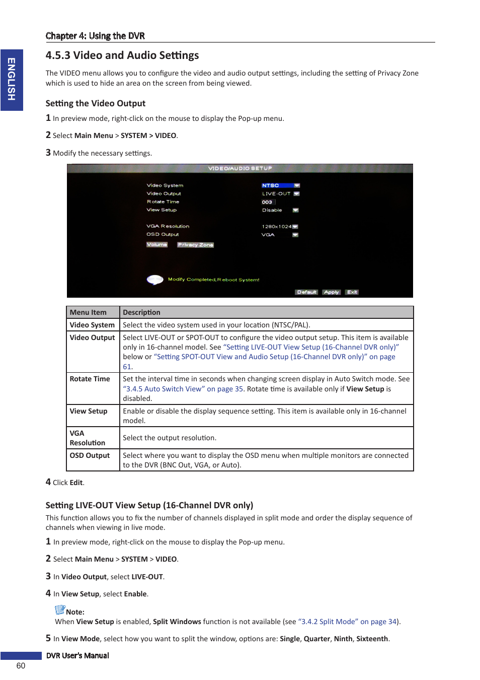 3 video and audio settings, Setting the video output, Setting live-out view setup (16-channel dvr only) | KGUARD Security SHA116.V2 User Manual | Page 60 / 99