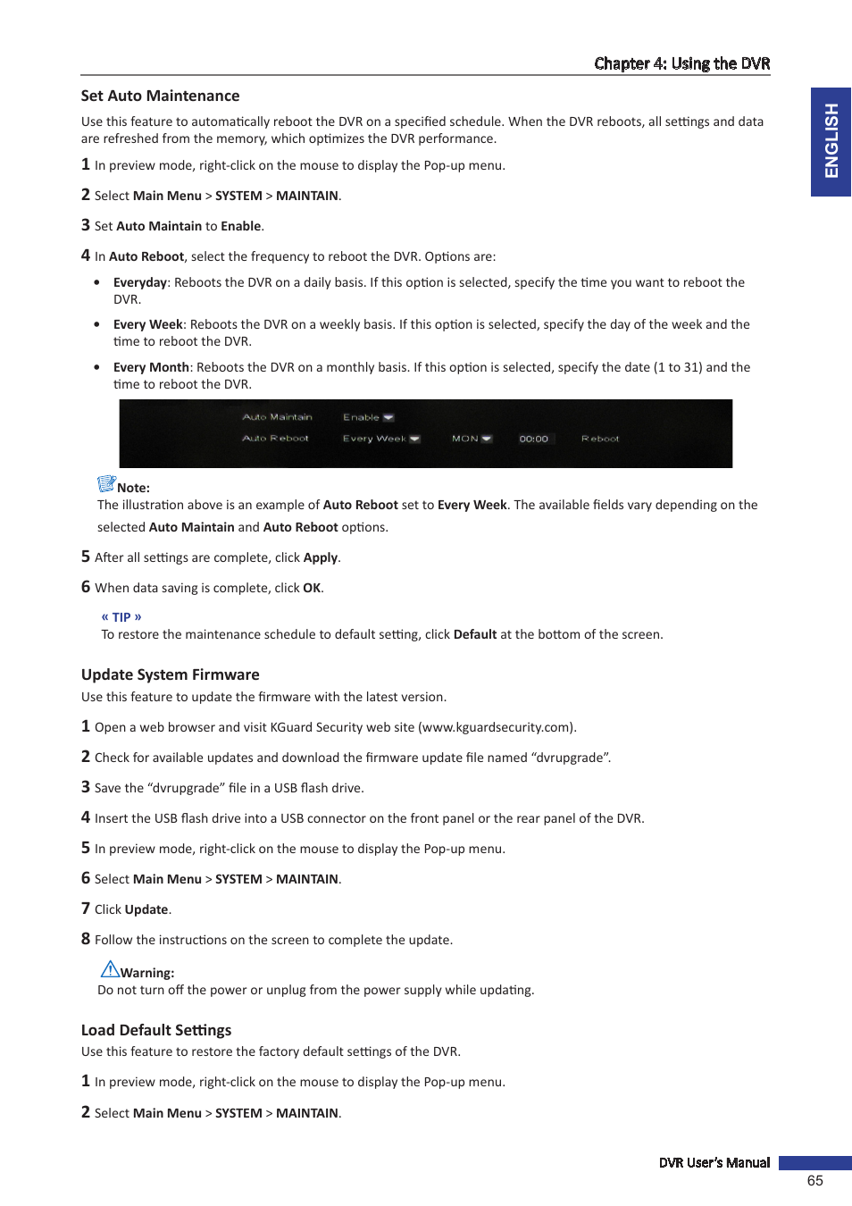 Set auto maintenance, Update system firmware, Load default settings | KGUARD Security SHA116.V2 User Manual | Page 65 / 99
