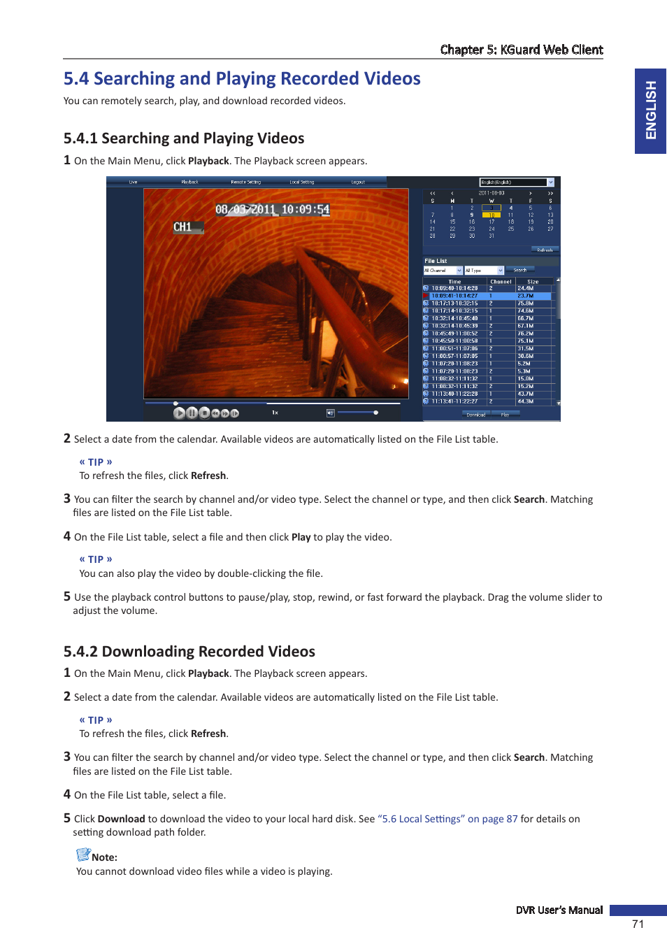4 searching and playing recorded videos, 1 searching and playing videos, 2 downloading recorded videos | KGUARD Security SHA116.V2 User Manual | Page 71 / 99