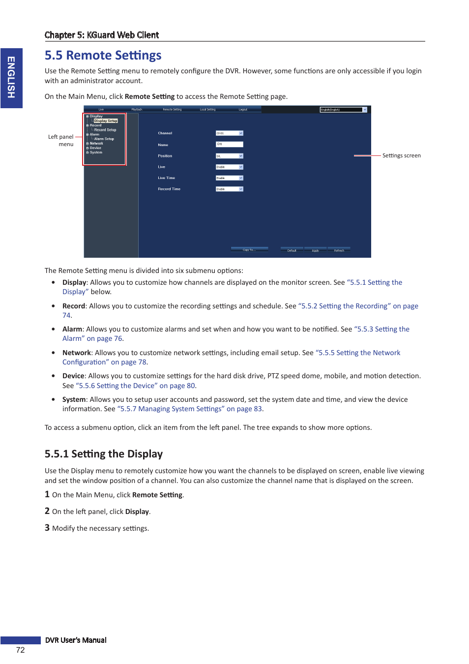 5 remote settings, 1 setting the display, 5 remote | KGUARD Security SHA116.V2 User Manual | Page 72 / 99