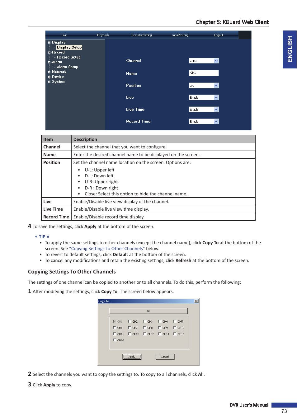 Copying settings to other channels | KGUARD Security SHA116.V2 User Manual | Page 73 / 99