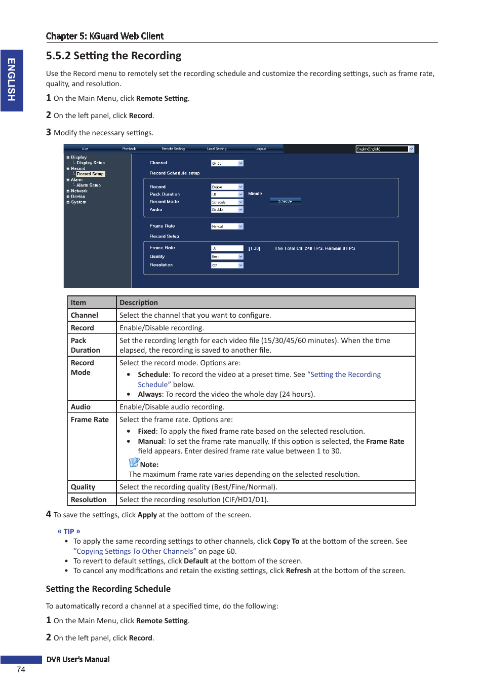 2 setting the recording, Setting the recording schedule | KGUARD Security SHA116.V2 User Manual | Page 74 / 99