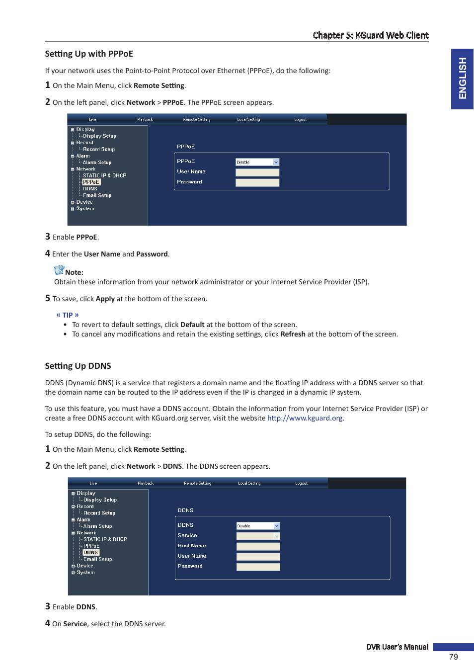 Setting up with pppoe, Setting up ddns, Setting up with pppoe setting up ddns | KGUARD Security SHA116.V2 User Manual | Page 79 / 99