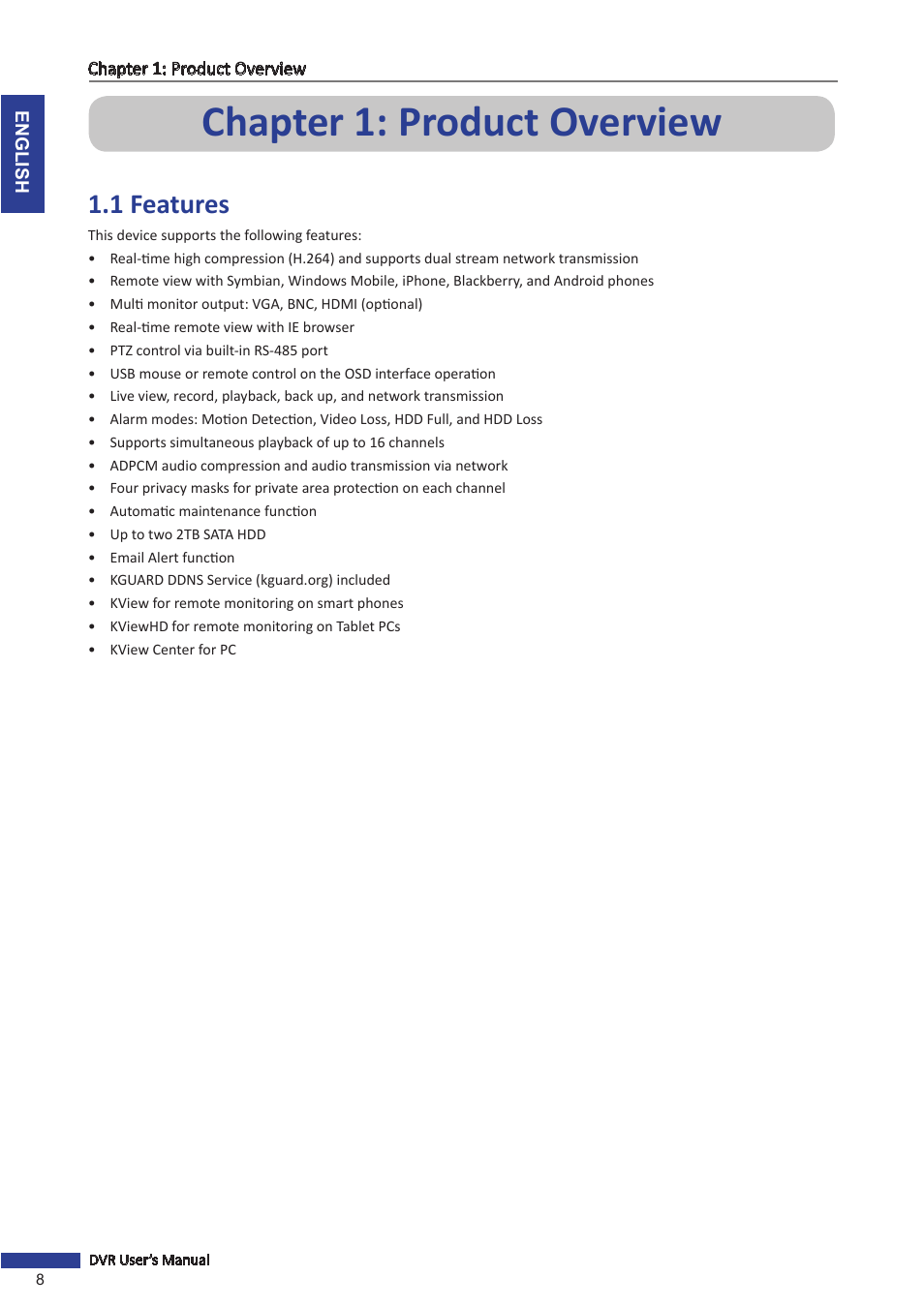 Chapter 1: product overview, 1 features | KGUARD Security SHA116.V2 User Manual | Page 8 / 99