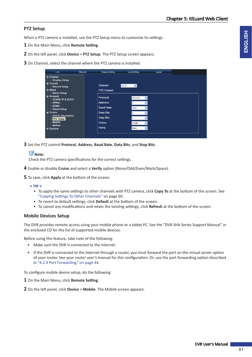Ptz setup, Mobile devices setup, Ptz setup mobile devices setup | KGUARD Security SHA116.V2 User Manual | Page 81 / 99