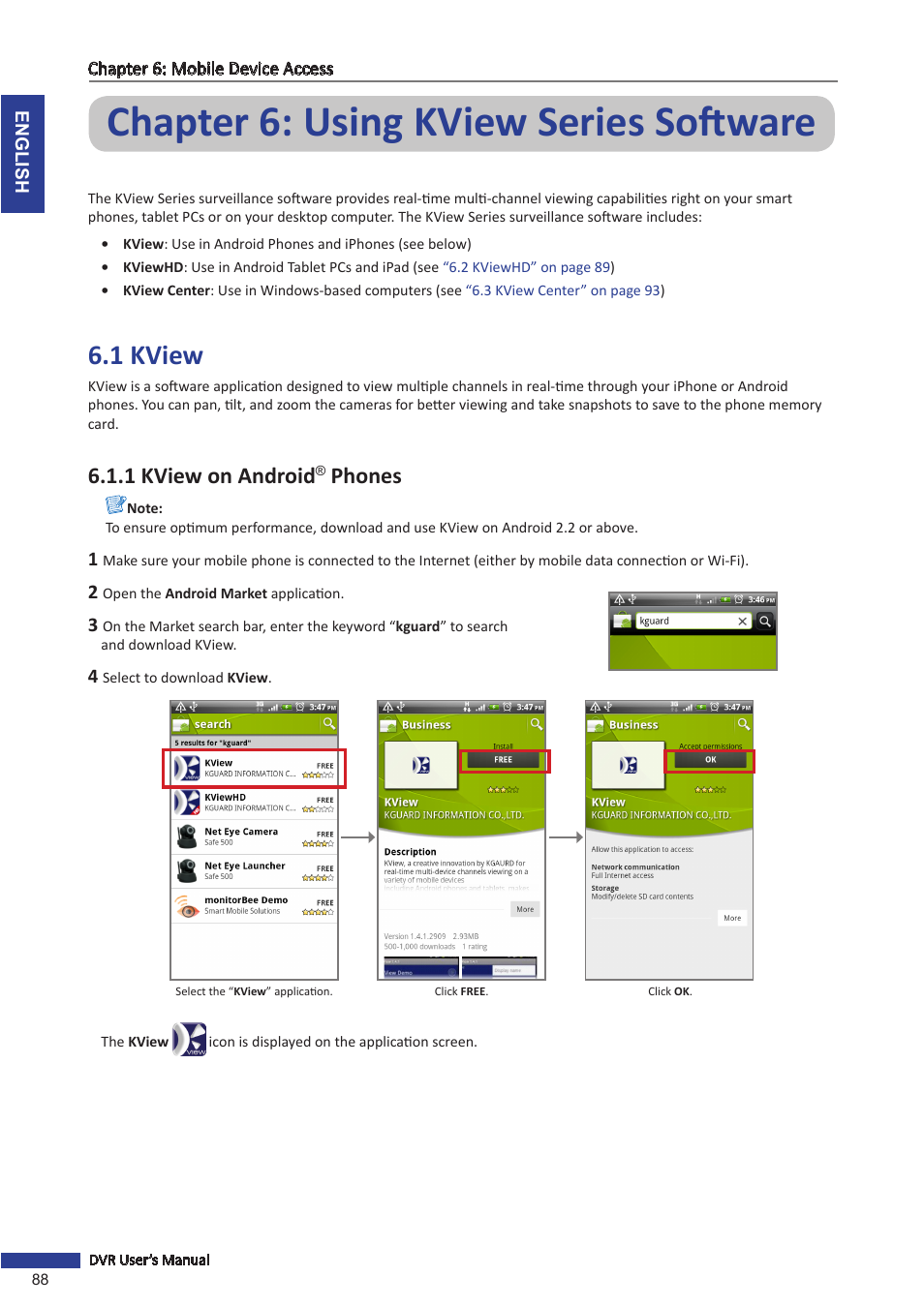 Chapter 6: using kview series software, 1 kview, 1 kview on android® phones | 1 kview on android, Phones | KGUARD Security SHA116.V2 User Manual | Page 88 / 99