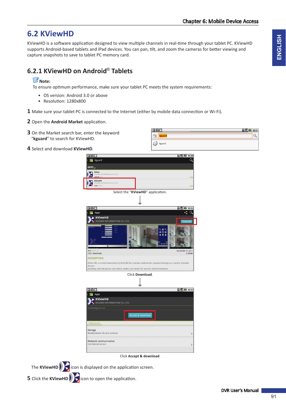 2 kviewhd, 1 kviewhd on android® tablets, 1 kviewhd on android | Tablets | KGUARD Security SHA116.V2 User Manual | Page 91 / 99