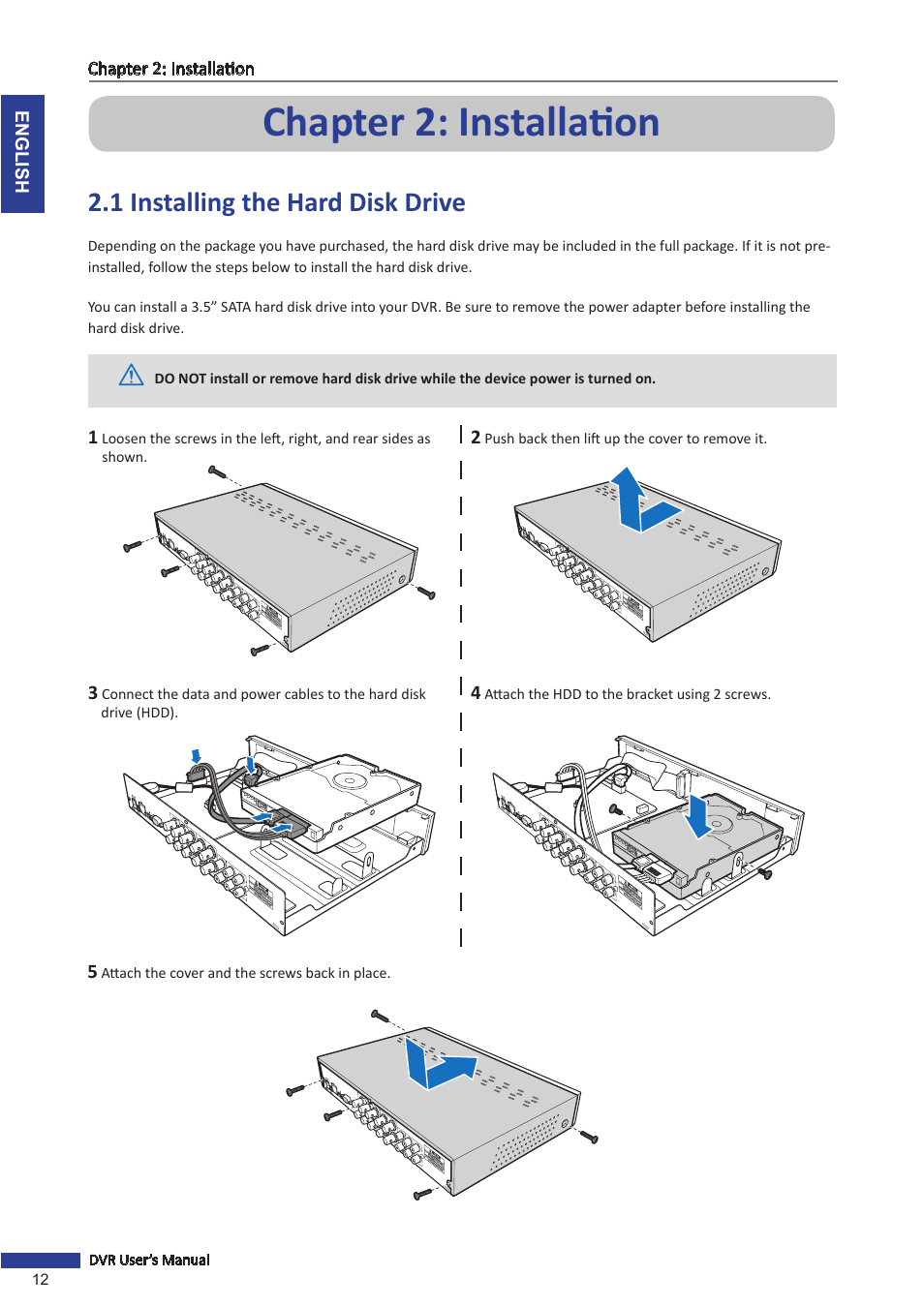 Chapter 2: installation, 1 installing the hard disk drive | KGUARD Security SHA24 User Manual | Page 12 / 85