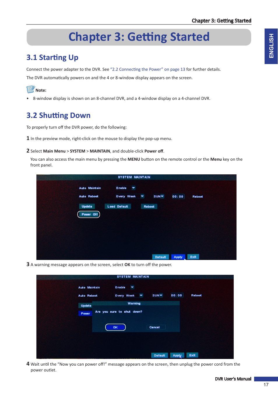 Chapter 3: getting started, 1 starting up, 2 shutting down | 1 starting up 3.2 shutting down | KGUARD Security SHA24 User Manual | Page 17 / 85