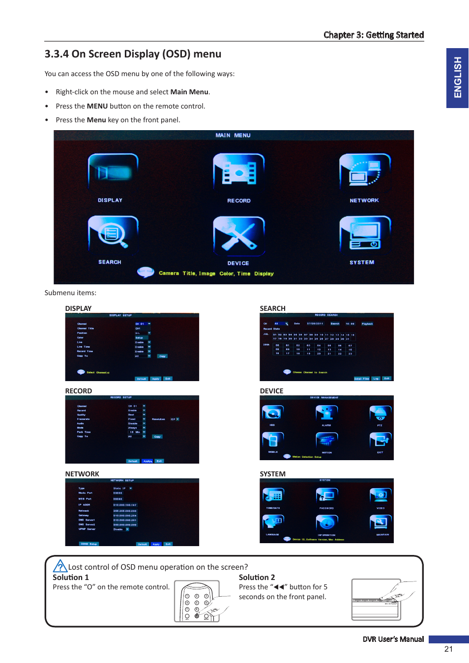 4 on screen display (osd) menu, English chapter 3: getting started, Solution 2 | Dvr user’s manual 21, Press the “o” on the remote control, Press the, Button for 5 seconds on the front panel | KGUARD Security SHA24 User Manual | Page 21 / 85