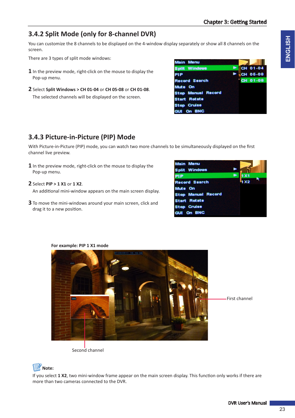 2 split mode (only for 8-channel dvr), 3 picture-in-picture (pip) mode | KGUARD Security SHA24 User Manual | Page 23 / 85