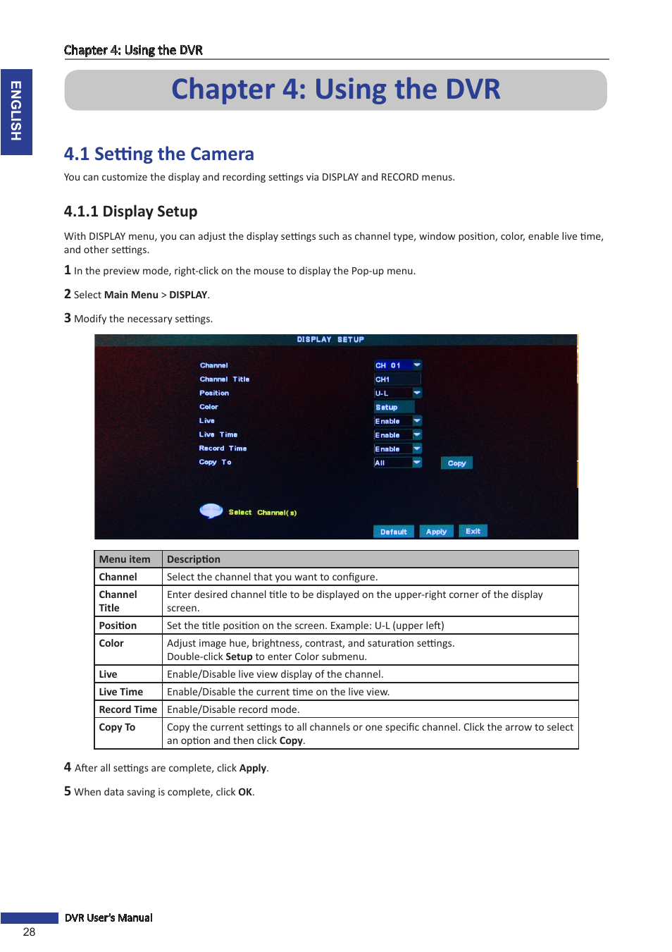 Chapter 4: using the dvr, 1 setting the camera, 1 display setup | KGUARD Security SHA24 User Manual | Page 28 / 85