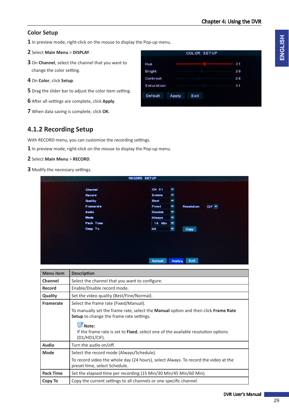 Color setup, 2 recording setup | KGUARD Security SHA24 User Manual | Page 29 / 85