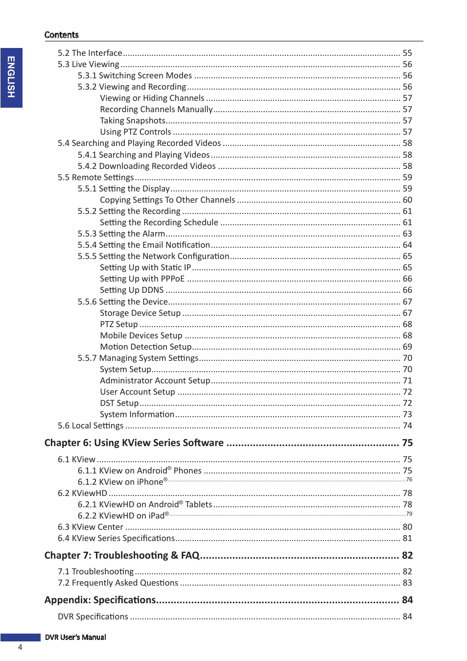 Chapter 6: using kview series software, Chapter 7: troubleshooting & faq, Appendix: specifications | KGUARD Security SHA24 User Manual | Page 4 / 85