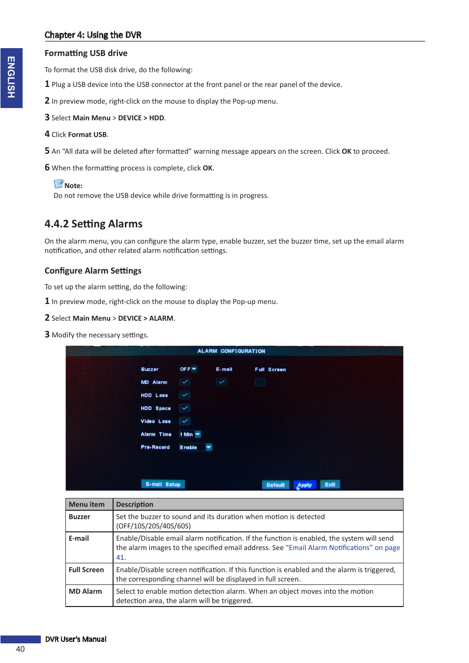 Formatting usb drive, 2 setting alarms, Configure alarm settings | KGUARD Security SHA24 User Manual | Page 40 / 85