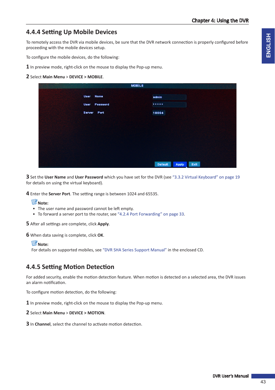4 setting up mobile devices, 5 setting motion detection | KGUARD Security SHA24 User Manual | Page 43 / 85
