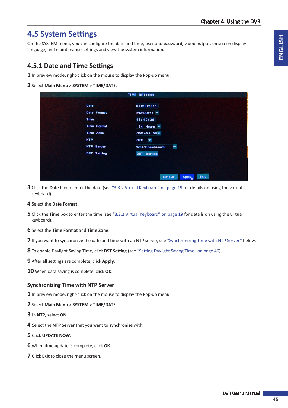5 system settings, 1 date and time settings, Synchronizing time with ntp server | KGUARD Security SHA24 User Manual | Page 45 / 85