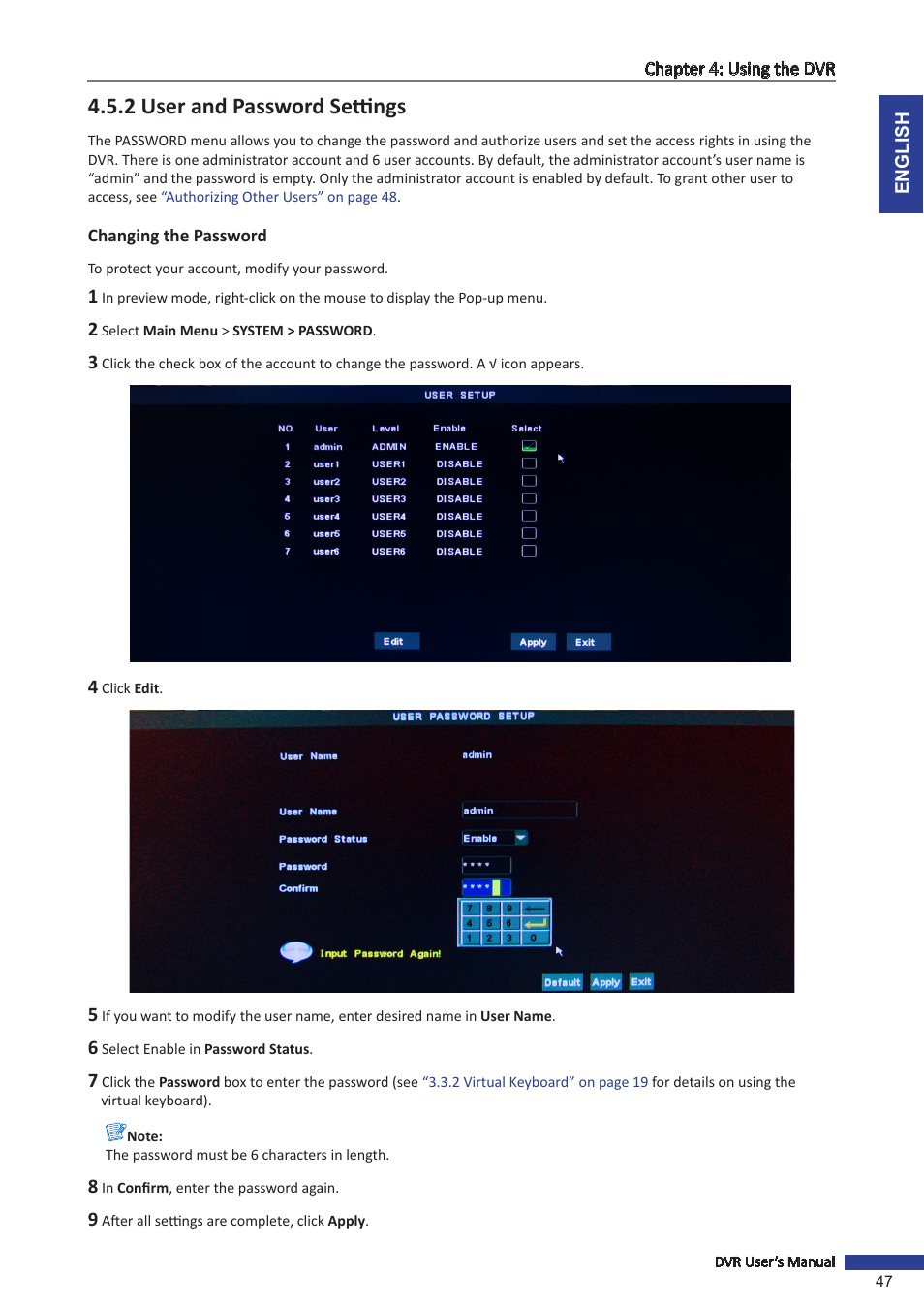 2 user and password settings, Changing the password | KGUARD Security SHA24 User Manual | Page 47 / 85