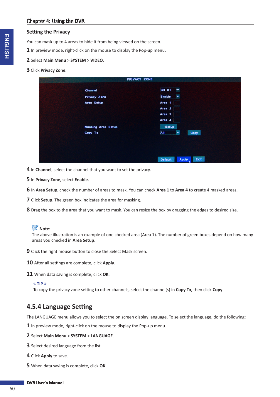 Setting the privacy, 4 language setting | KGUARD Security SHA24 User Manual | Page 50 / 85